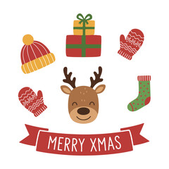 Christmas icons including a reindeer, gifts, and winter clothing with a 'Merry Xmas' banner.