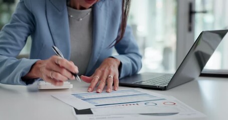 Hands, person and laptop with document in office for accounting, checklist and finance report. Mature woman, paperwork and pc for statement, company expenses and financial numbers of asset management - Powered by Adobe