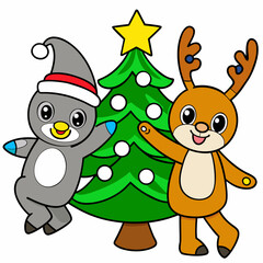 Obraz premium Reindeer and penguin dancing near a sparkling Christmas tree on white background