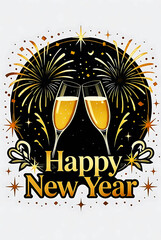 Happy New Year celebration with fireworks and champagne glasses.