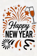 Happy New Year celebration with fireworks and champagne glasses.