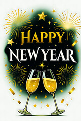Happy New Year celebration with fireworks and champagne glasses.