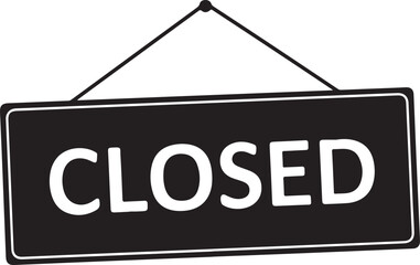 Black sign with white text reading closed hanging by string closed sign hanging sign