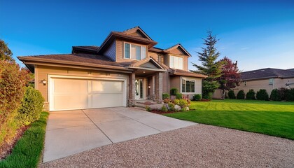 custom built luxury house with nicely trimmed front yard lawn and long doorway and driveway in a residential neighborhood