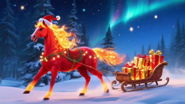 A vibrant red horse with a fiery mane pulls a sleigh filled with colorful gifts through a snowy landscape under the northern lights.