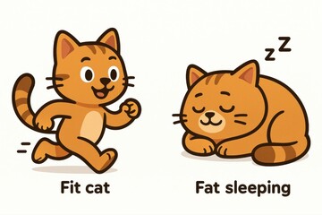 Side-by-side cartoon illustration showing fit cat running and fat cat sleeping, modern vector style with clean rounded shapes, friendly educational concept for children and veterinary infographics.