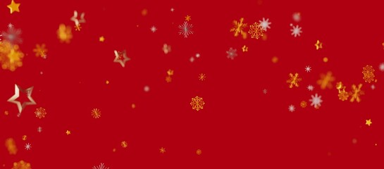 Christmas background features red backdrop with gold and white stars and snowflakes, perfect for holiday designs and greetings. Seasonal festive