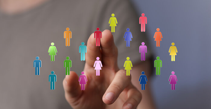 A hand interacting with a digital interface, representing concepts of community, connection, and collaboration with a diverse group.