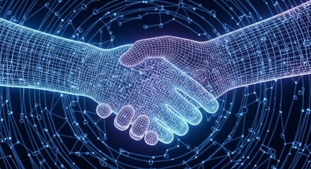 Futuristic Digital Handshake - Abstract Wireframe Partnership in Neon Blue and Purple Network.