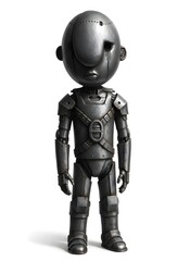Naklejka premium Emotional metal robot sculpture with tear-shaped detail and simplified cartoon form expressing sadness loneliness and tech vulnerability