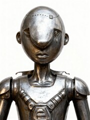 Emotional metal robot sculpture with tear-shaped detail and simplified cartoon form expressing sadness loneliness and tech vulnerability