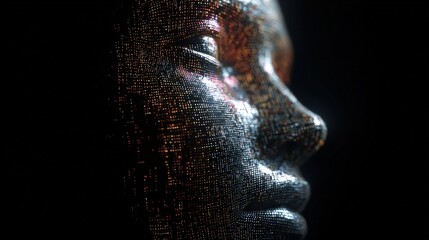 Digital Transformation of Humanity: A striking image of a human face interwoven with digital patterns, reflecting the fusion of human and technology, with intricate circuits, code.