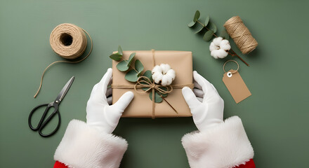 Close up of Santa Claus hands wrapping an eco friendly Christmas gift with craft paper, cotton flowers, and fir branches, natural festive composition.