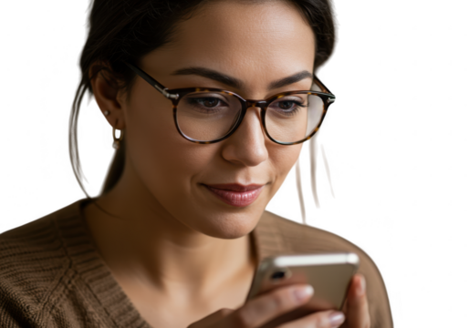 Woman wearing glasses looking at smartphone isolated on transparent background