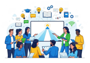 Diverse team collaborating on a project with digital tools and creative ideas in a modern workspace isolated on transparent background