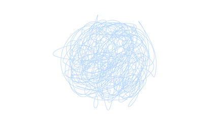 Chaotic blue scribble ball tangle on white background. Abstract hand-drawn illustration with lines forming a tangled ball or sphere shape on clean white background. For concepts of confusion, stress.