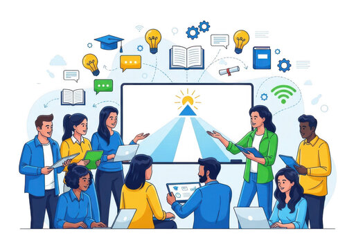 Diverse team collaborating on a project with digital tools and creative ideas in a modern workspace isolated on transparent background