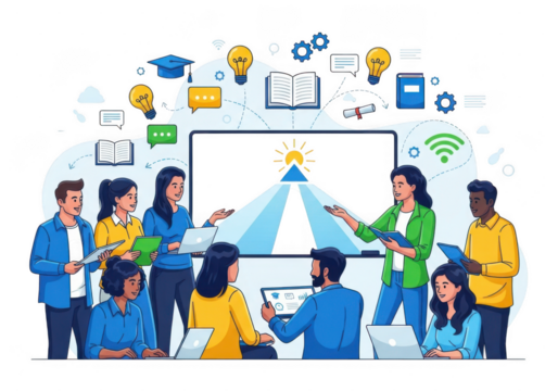 Diverse team collaborating on a project with digital tools and creative ideas in a modern workspace isolated on transparent background