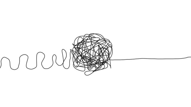 Tangled line scribble representing complex thought process. Dense, chaotic, tangled scribble mass in the center, and finally resolves into a single, straight line on the right. 