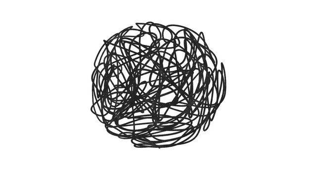 Chaotic black scribble ball tangle on white background. Abstract hand-drawn illustration with lines forming a tangled ball or sphere shape on clean white background. For concepts of confusion, stress.