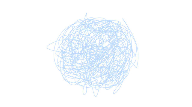 Chaotic blue scribble ball tangle on white background. Abstract hand-drawn illustration with lines forming a tangled ball or sphere shape on clean white background. For concepts of confusion, stress.