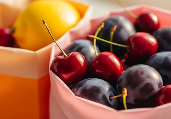 Intimate Close-up of Fresh Ripe Cherries and Plums with Lemon in Minimal Pink and Orange Paper Bags
