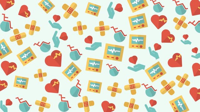 Medical supplies pattern featuring heart monitors, pills, syringes, and bandages in a seamless healthcare graphic design