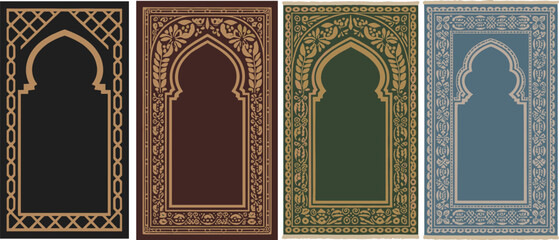 Traditional Islamic prayer mat collection with gold geometric borders, mosque arch patterns, elegant spiritual rug design, luxury Muslim decorative artwork