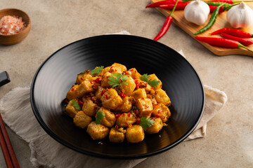 Stir fried Tofu with Chilli and Salt in black plate.Crispy Tofu.