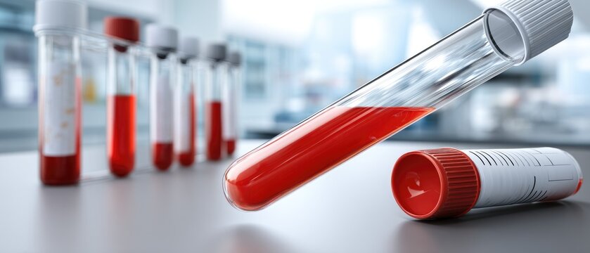 Blood samples in laboratory tubes on a clean surface during a scientific research activity at a medical facility