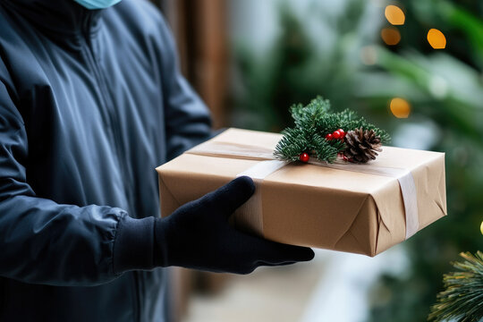 Delivery courier in an orange winter jacket and face mask handing over a ribboned, pinecone-adorned Christmas present outdoors, depicting safe contactless holiday delivery on a busy street