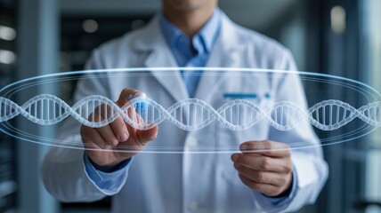 Doctor interacting with DNA hologram, showcasing genetic research.