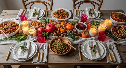 Festive holiday table beautifully set with delicious seasonal dishes and warm candlelight