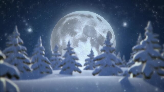 Santas sleigh and reindeer silhouetted against a full moon in winter night