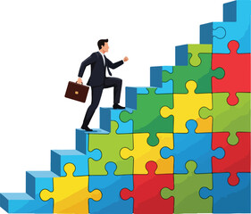 usinessman Climbing Puzzle Stairs to Success