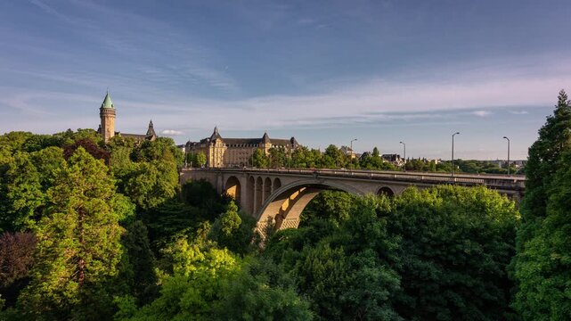Traffic on the beautiful Pont Adolphe Bridge in central Luxembourg. Time lapse clip