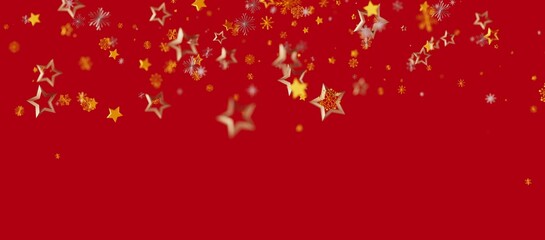 Festive background featuring golden stars and snowflakes on a vibrant red backdrop. Perfect for holiday greetings, Christmas or New Year designs