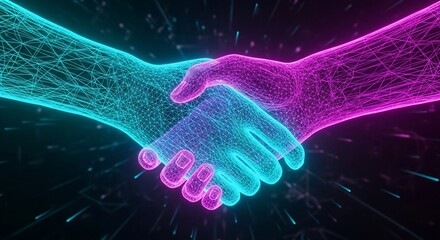 Dynamic Cyber Handshake - Neon Teal Magenta Data Network Connection.