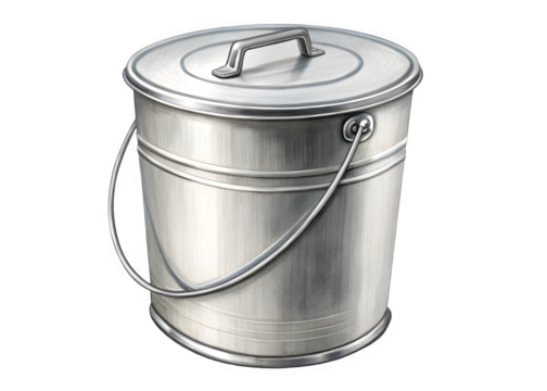 Vintage metal bucket with lid and handle isolated on transparent background