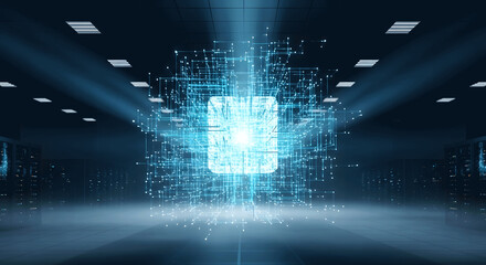 Futuristic digital processor illuminating a data center with glowing blue light, representing artificial intelligence and advanced computing
