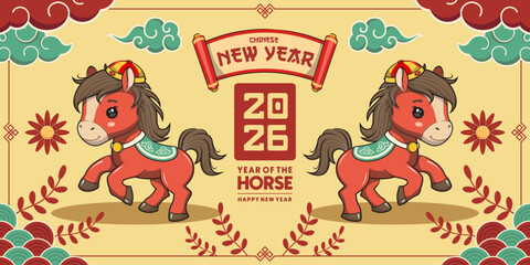 2026 Chinese New Year With Cute Fire Horse Zodiac On Banner Design, Vector Cartoon Illustration