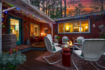 Charming Outdoor Patio with Fire Pit and Twinkling Lights