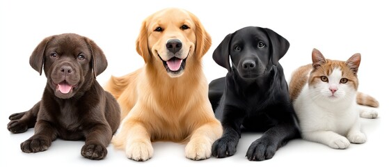 Four happy dogs and a cat sitting together in a playful pose on a clean white background