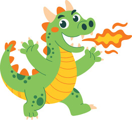 Cute green dragon breathing fire cartoon illustration, friendly fantasy creature character design for kids, mythical animal artwork with playful expression