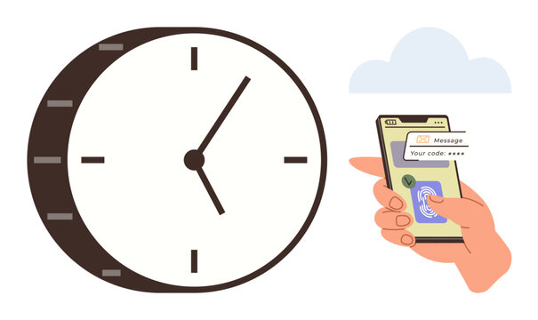 Analog clock and hand holding smartphone displaying a message and code. Ideal for time management, authentication, productivity, reminders, scheduling, digital security, simple flat metaphor