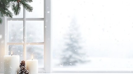 Snow blankets the window as flickering candles and pine branches create a warm, inviting ambiance for the holiday season