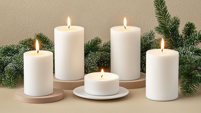 Four white advent candles rest on a wooden background, with one candle lit among Christmas tree branches and pinecones, creating a cozy atmosphere
