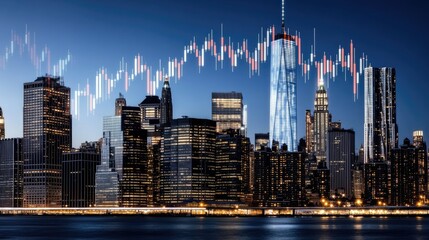 The vibrant skyline of City is illuminated at night, showcasing a blue candlestick chart that represents stock market activity