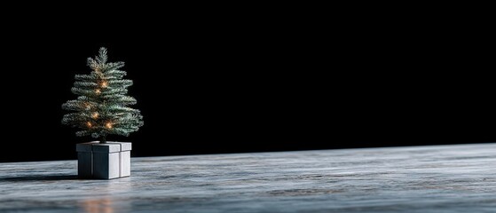 Small decorated Christmas tree with lights on a gift box sitting on a dark wooden surface in a minimalist holiday setting