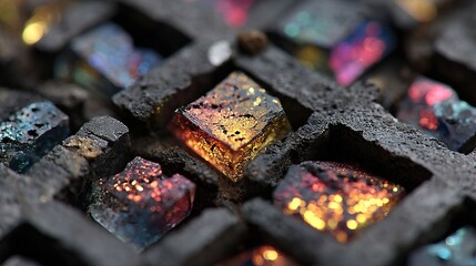 Close-up of Colorful Crystals Shimmering in an Organic Matrix with Intricate Textures